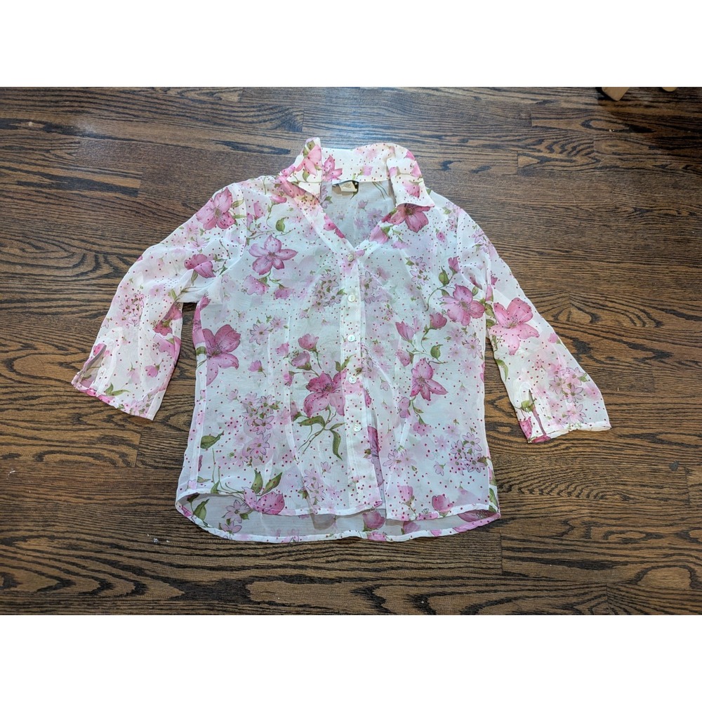 Y2K Vintage CB Collections Button Up Sheer Collared Shirt Top Glitter Size M USA